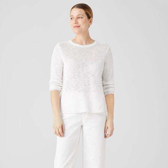 Eileen Fisher Women 3X Organic Linen Slub Open Knit Boxy Sweater White Sheer - Picture 1 of 10